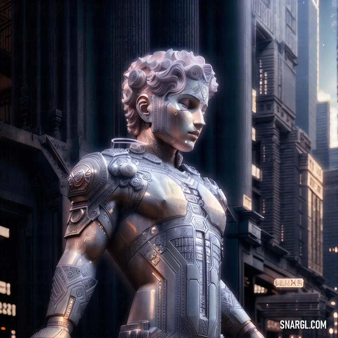 Statue of a man in a futuristic suit in a city setting with skyscrapers in the background. Color RGB 184,187,218.