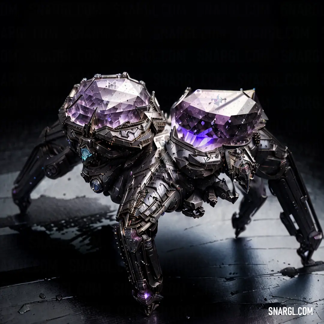 Robot like object with purple crystals on it's legs and legs. Example of PANTONE 7445 color.