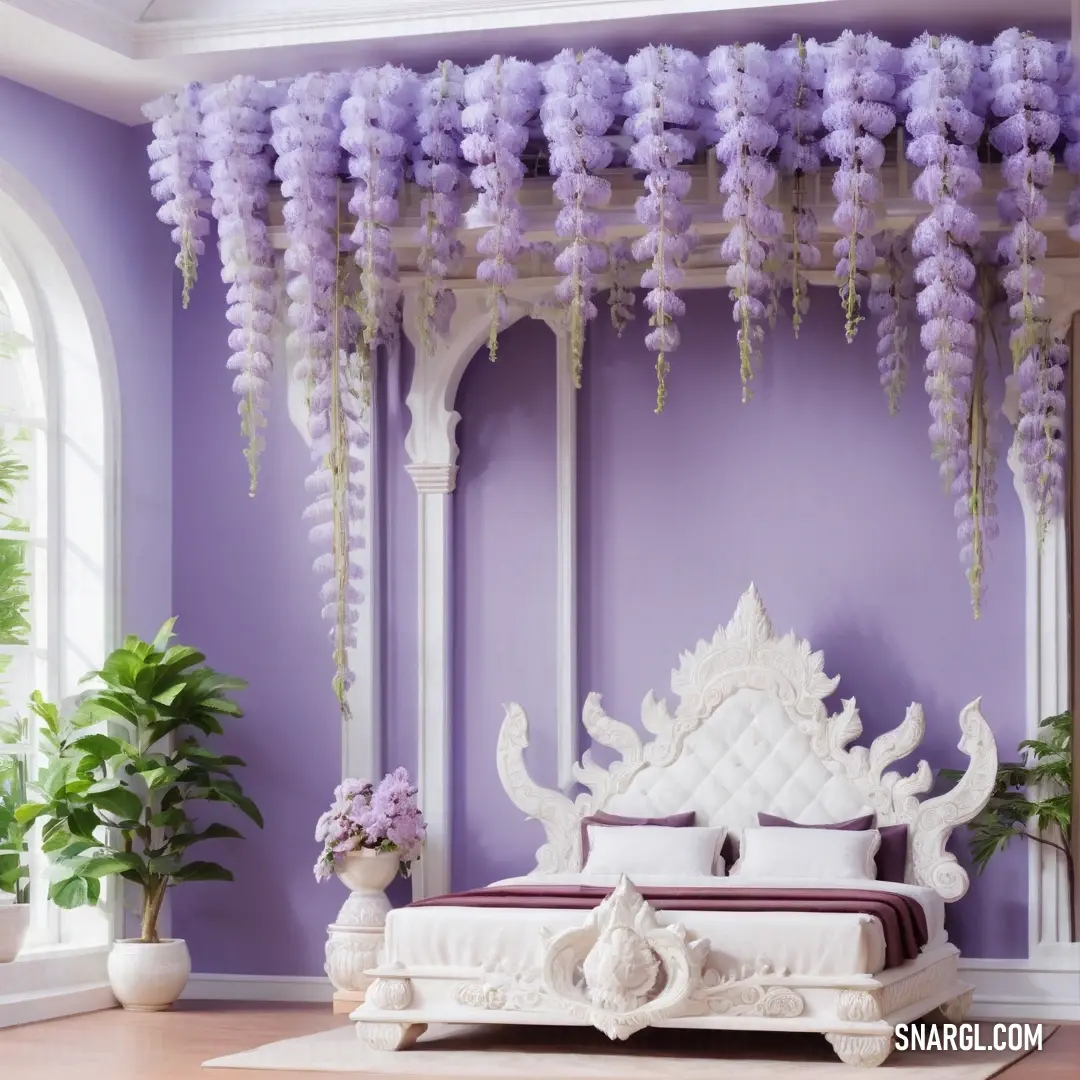 Bed with purple flowers hanging from it's ceiling in a bedroom with purple walls and a white bed frame. Example of CMYK 50,46,0,0 color.