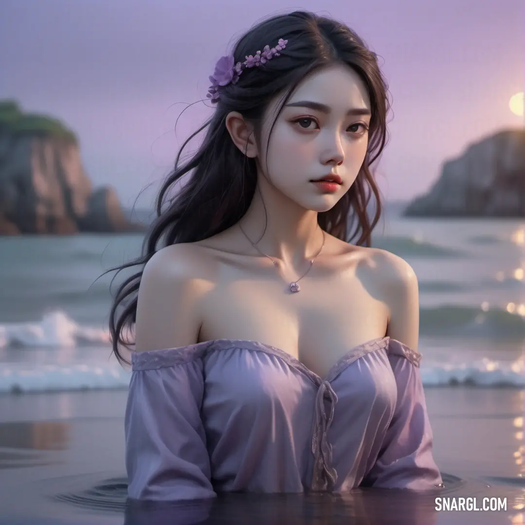 Woman in a purple dress standing in the water with a purple flower in her hair and a purple dress. Example of PANTONE 7446 color.