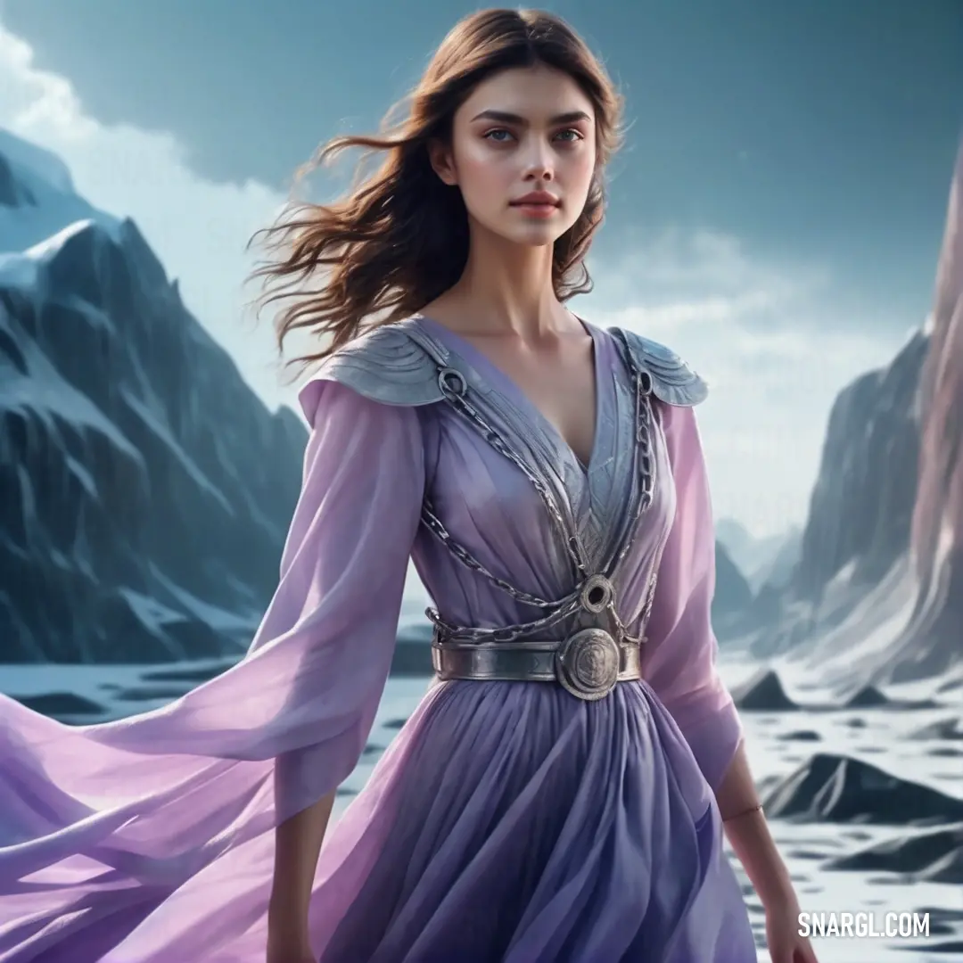 Woman in a purple dress standing in front of a mountain range with a mountain range in the background. Example of CMYK 50,46,0,0 color.