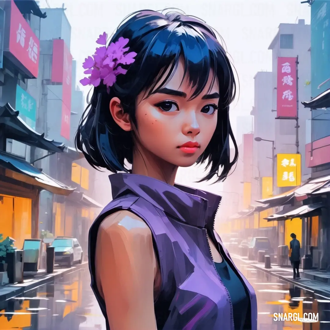 Woman with a flower in her hair standing in a city street with buildings and a man in the background. Example of CMYK 50,46,0,0 color.