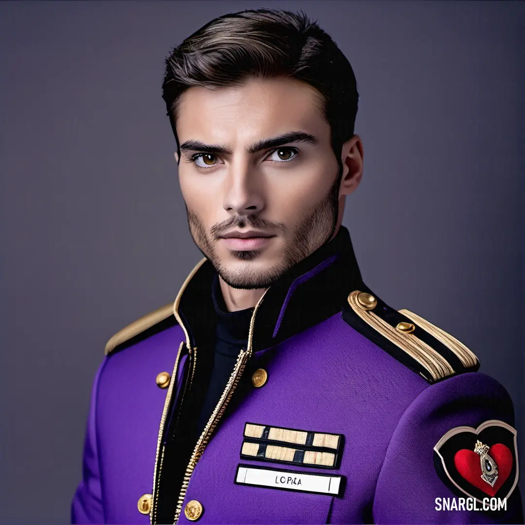 Man in a purple uniform with a heart on his chest and a mustache on his head. Color RGB 94,75,132.