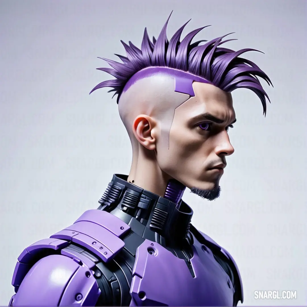 Man with a mohawk and purple hair wearing a purple suit and spiked mohawks on his head and a purple helmet. Color RGB 94,75,132.