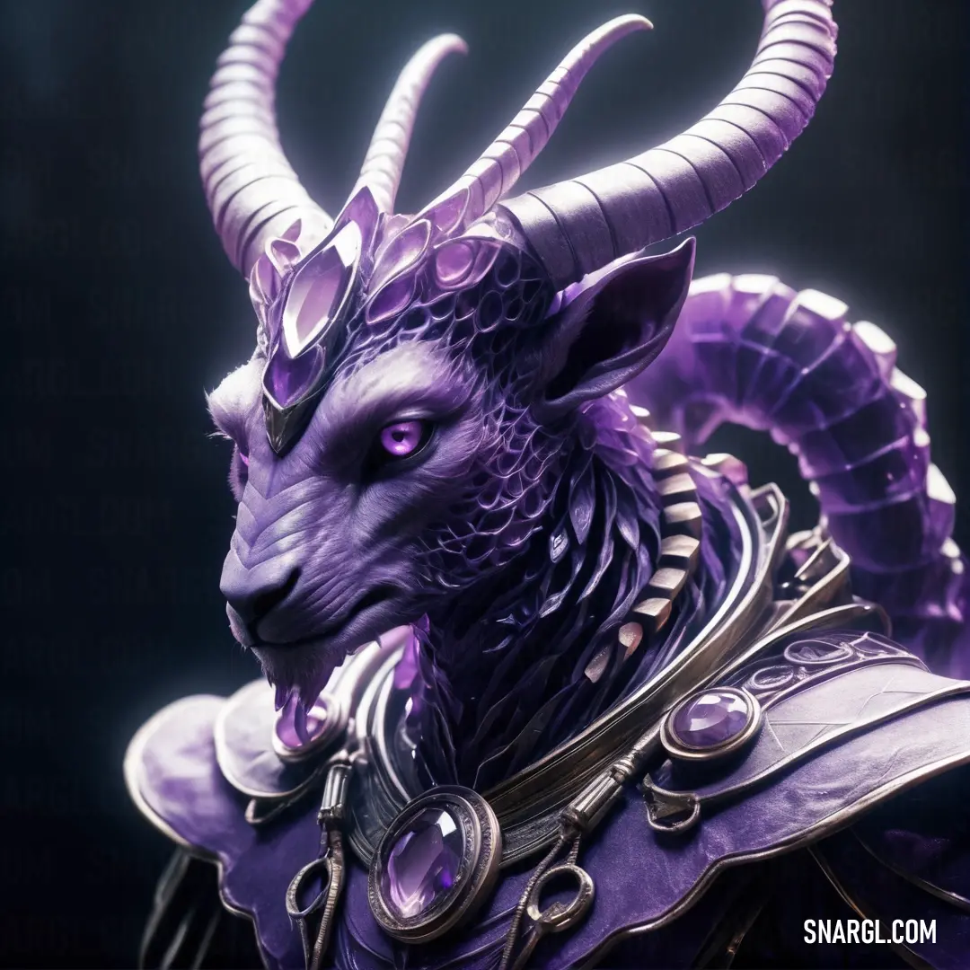 RGB 94,75,132. Purple demon with horns and a collar on it's head and a purple outfit on its chest