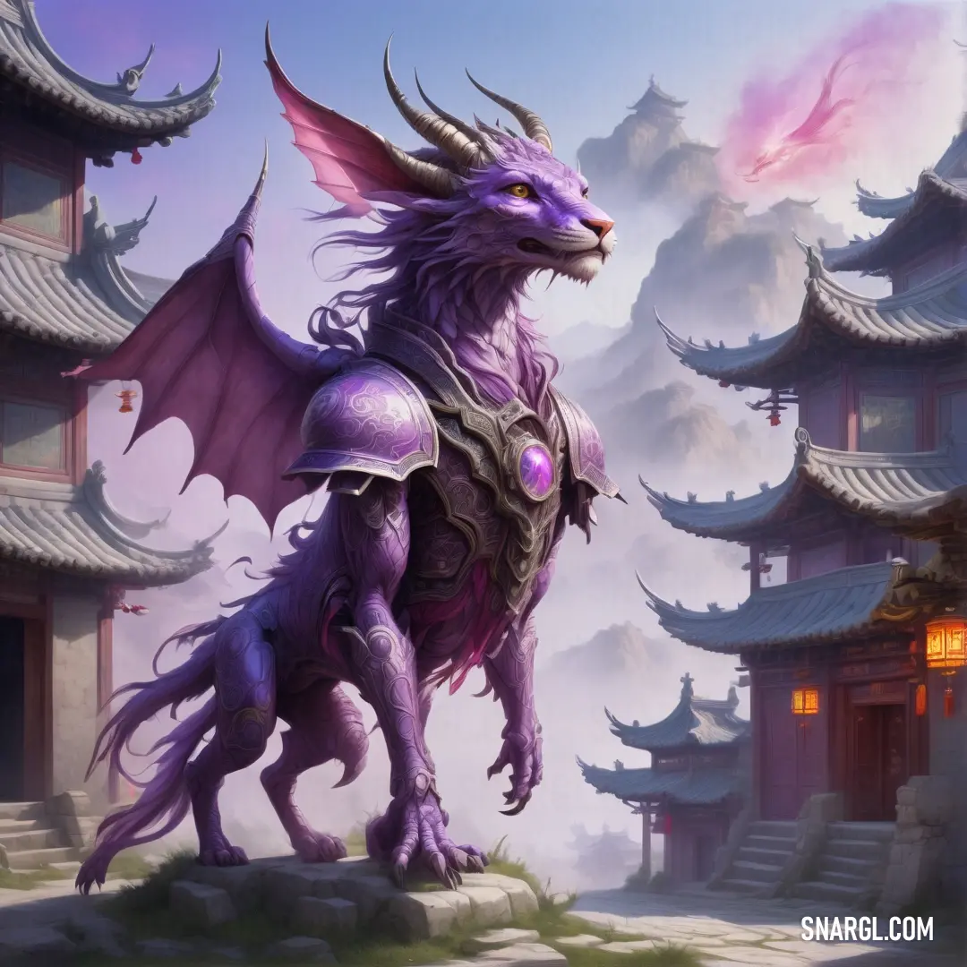 Purple dragon with a helmet and armor on it's back standing in front of a building with a pagoda. Example of #5E4B84 color.