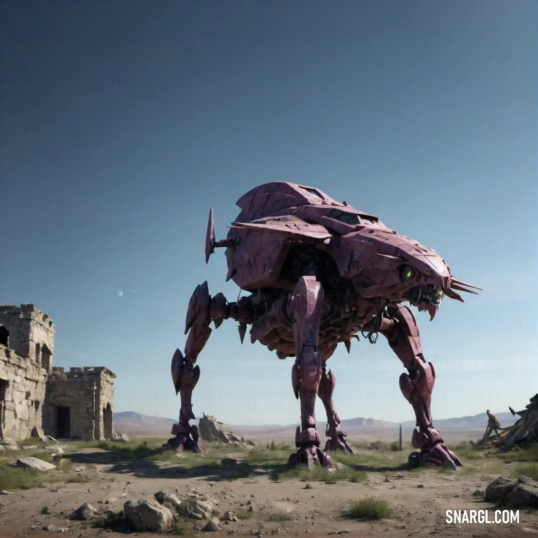 PANTONE 7448 color. Giant robot standing in the middle of a desert area with a building in the background