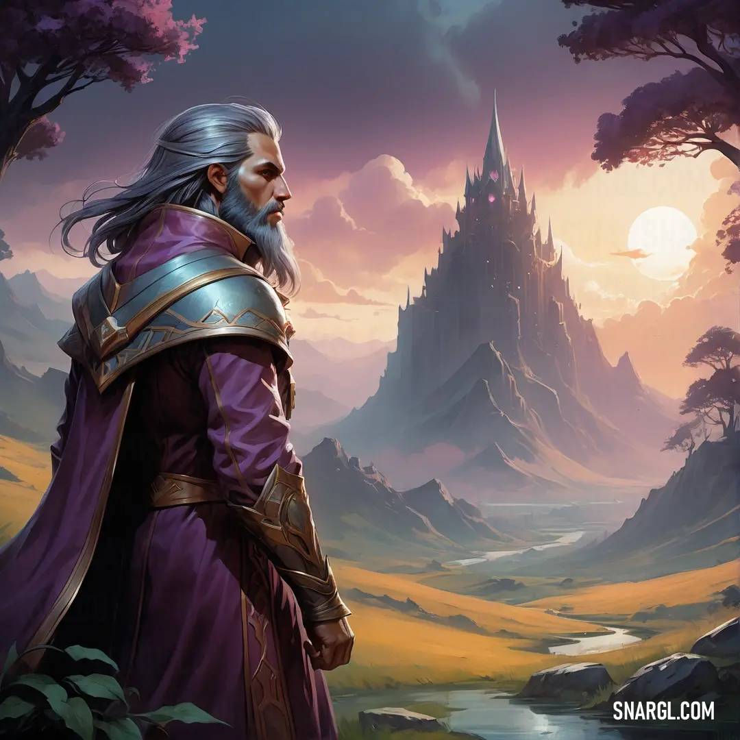 Man in a purple outfit standing in front of a castle with a river running through it and a sunset behind him. Example of CMYK 67,79,24,59 color.