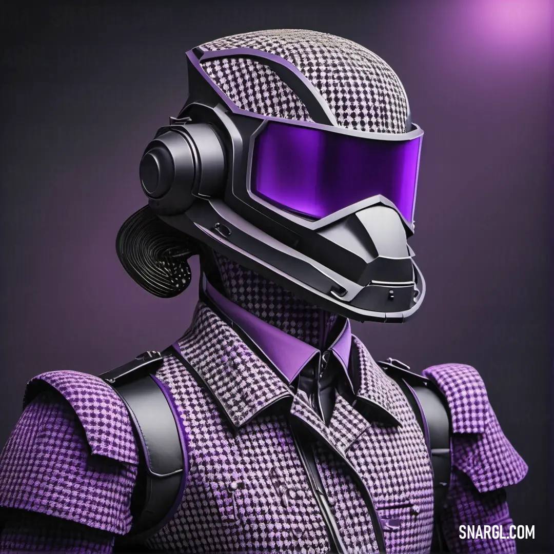 PANTONE 7448 color example: Man in a suit and helmet with a microphone in his hand and a purple background