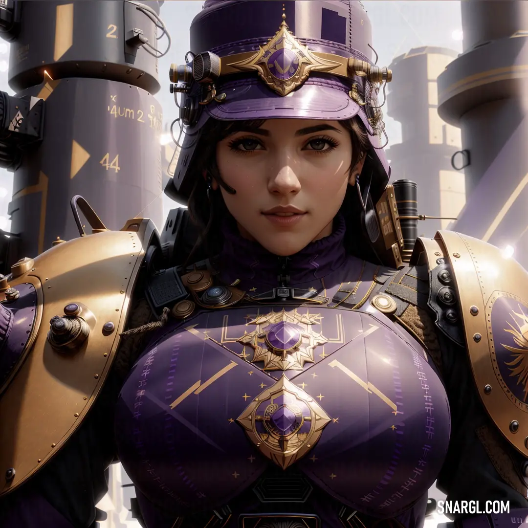 Woman in a purple outfit with a helmet and armor on her chest and a large metal object behind her. Color RGB 80,62,85.