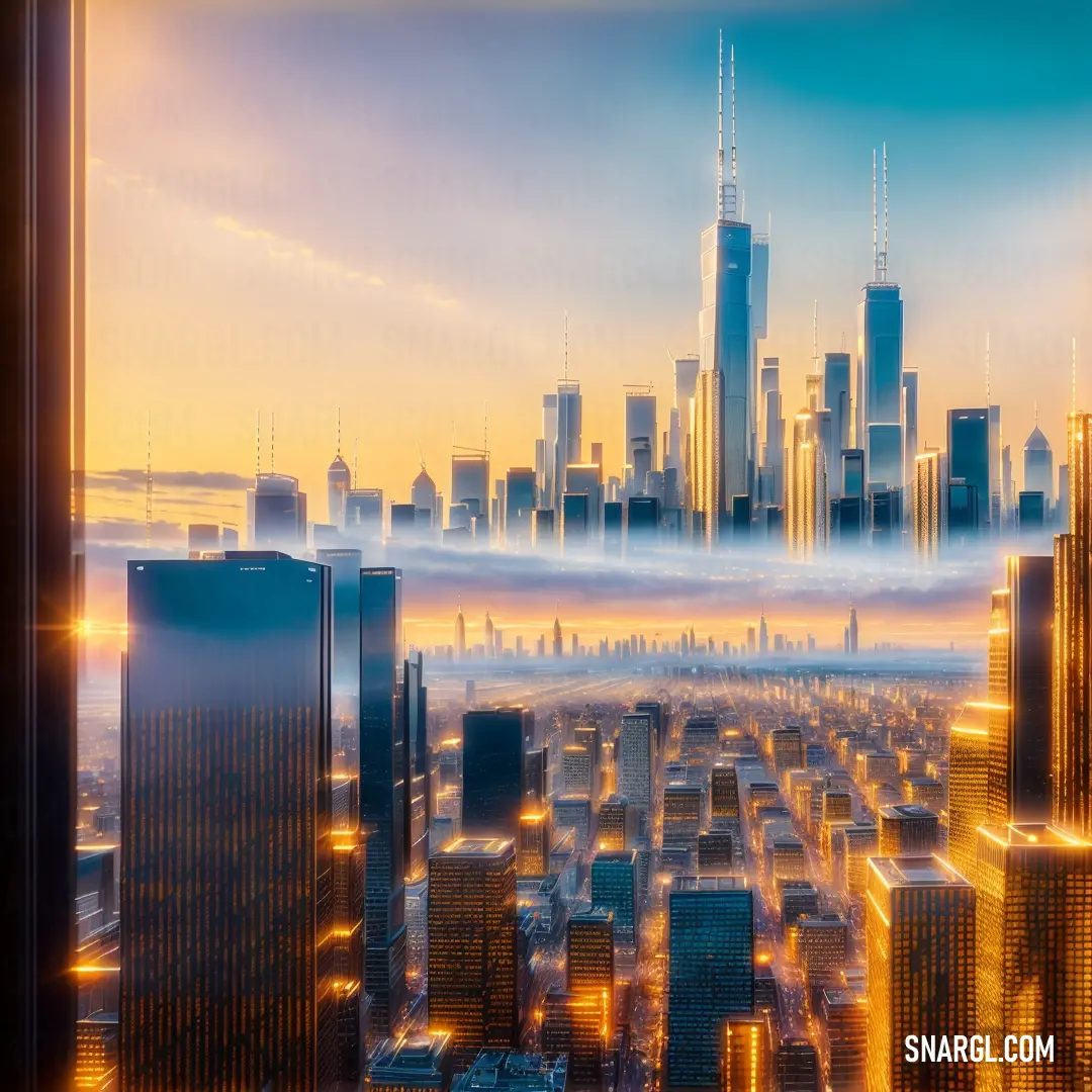 PANTONE 1925 color. City skyline with skyscrapers and fog in the sky at sunset or dawn with a fog layer covering the city