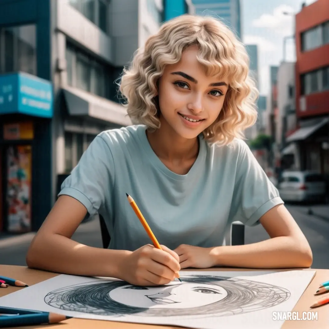 Woman at a table with a pencil and a drawing on it in front of a building with a city street. Example of PANTONE 7450 color.