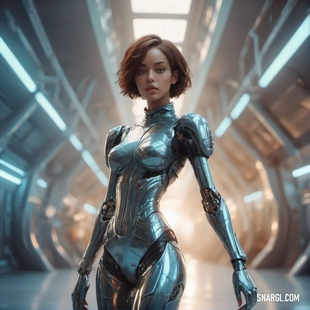 Woman in a futuristic suit is standing in a tunnel with a gun in her hand and a sci - fi fil. Example of #C0CBE3 color.
