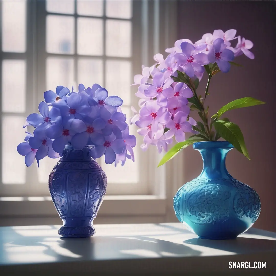 PANTONE 7451 color. Blue vase with purple flowers in it next to a blue vase