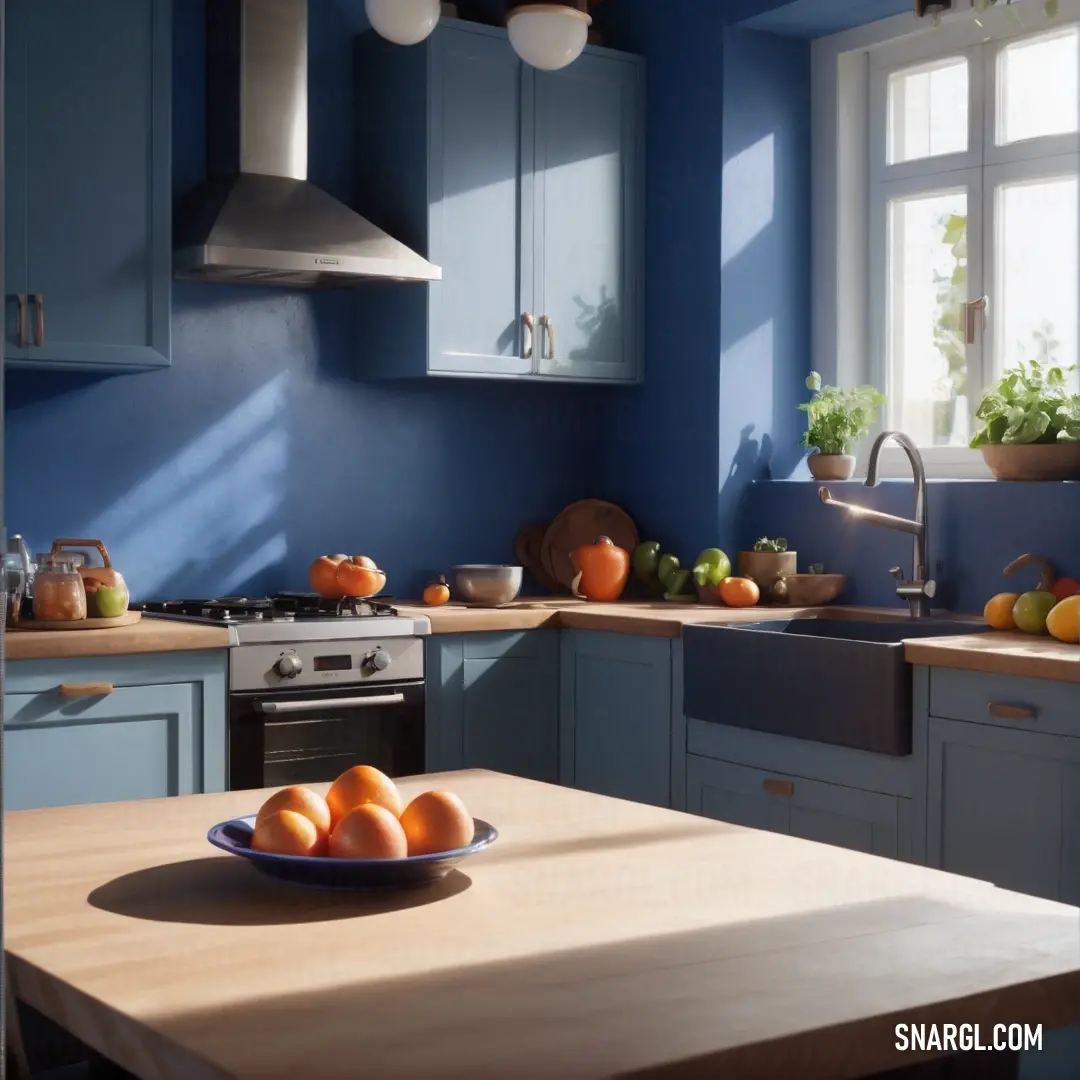 Bowl of oranges on a kitchen counter top next to a sink and stove top oven with a window. Color PANTONE 7451.