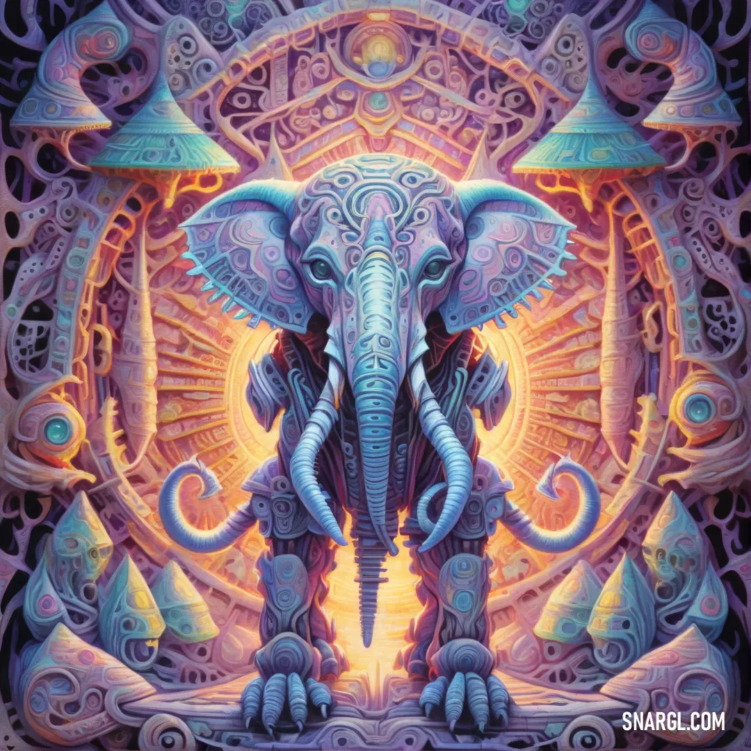 Elephant with intricate patterns and a bright light in the background. Color #9AB1D7.