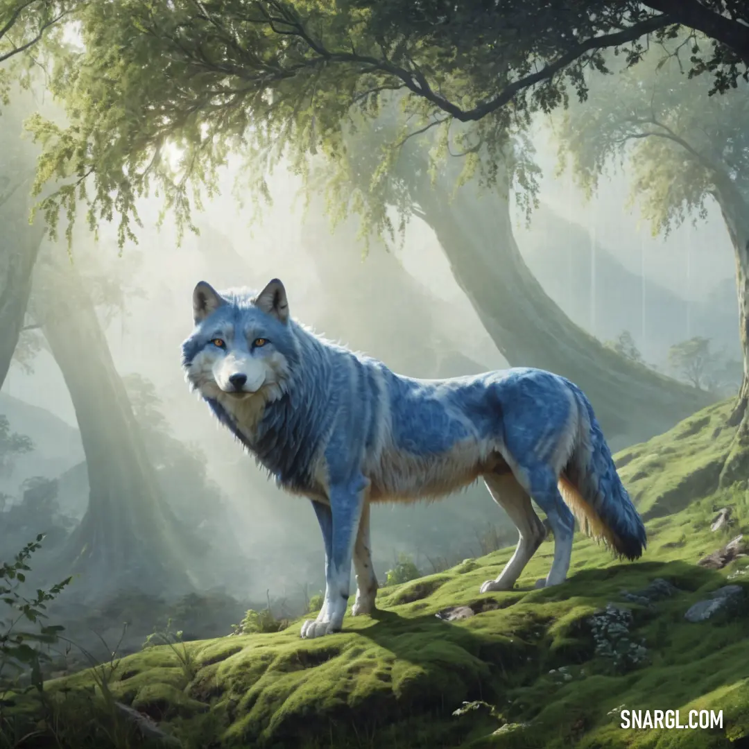 Wolf standing on a lush green hillside in a forest with trees and grass on the ground and sunlight streaming through the trees