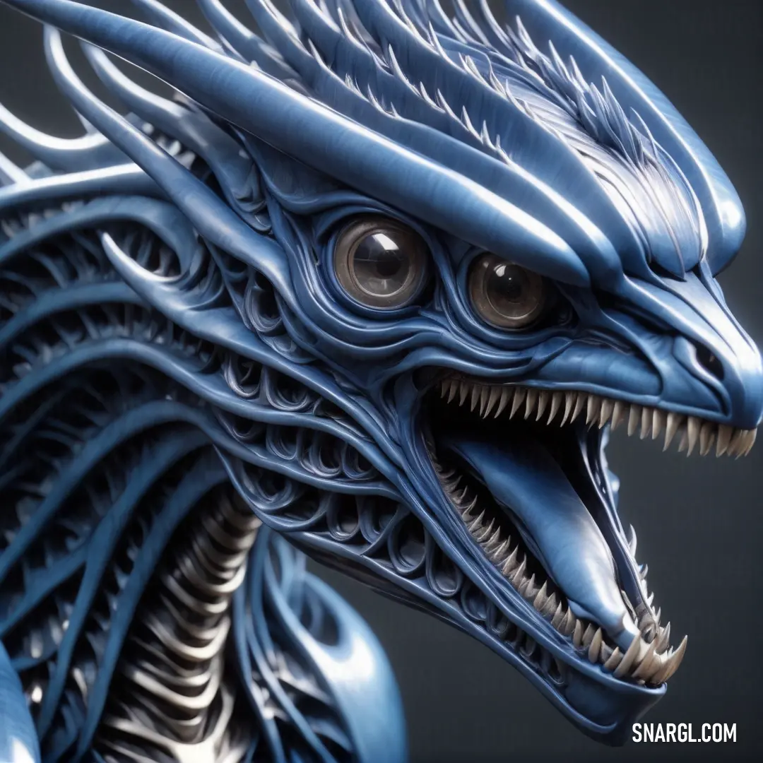 Close up of a blue alien with large teeth and large eyes, with a black background. Color PANTONE 7453.