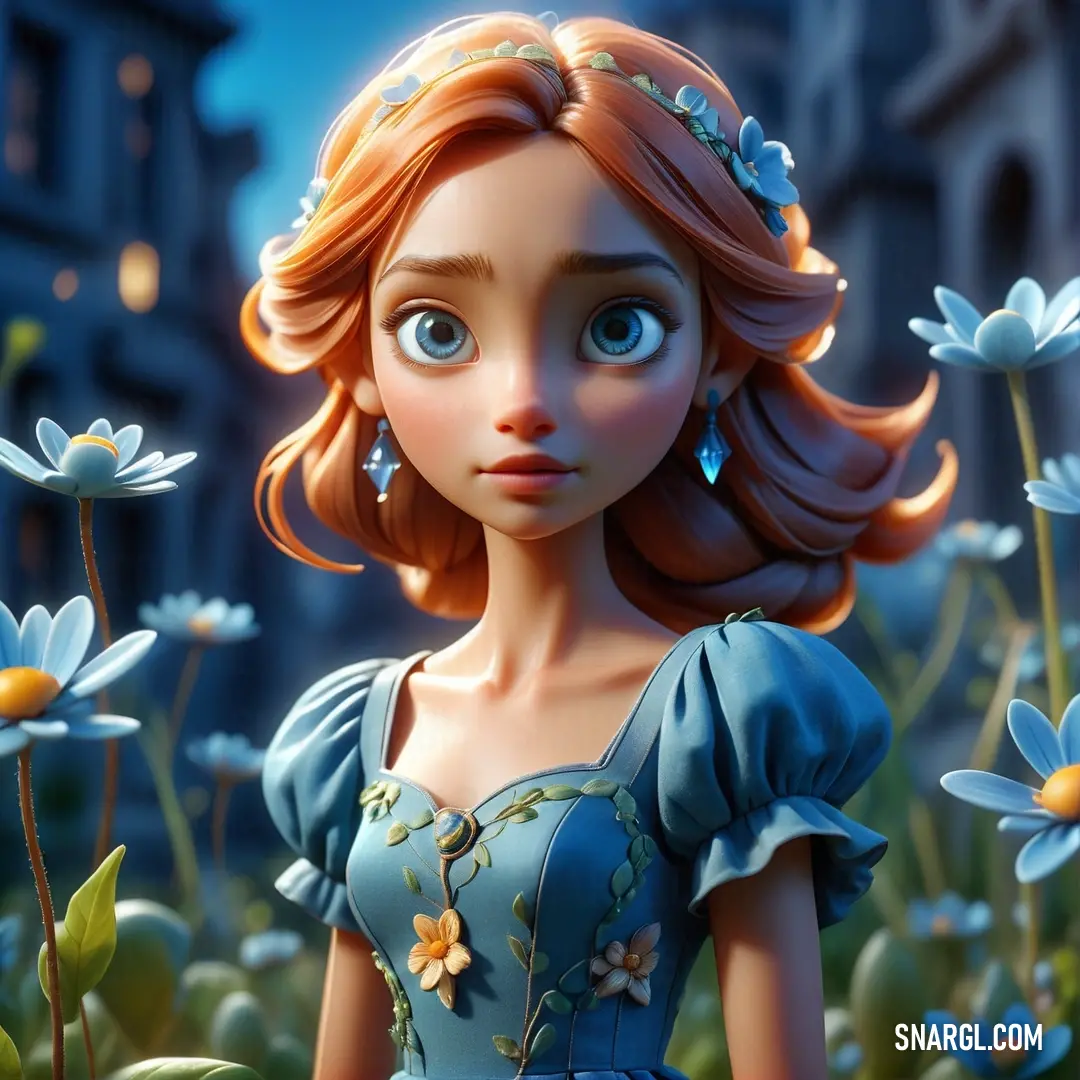 Cartoon girl in a blue dress standing in a field of flowers with a building in the background. Color PANTONE 7454.