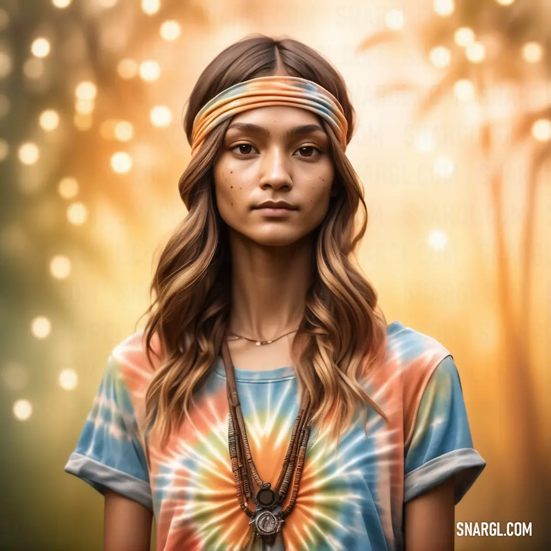 Painting of a woman with a tie dye shirt and a headband on her head and a forest background. Color CMYK 62,23,4,12.