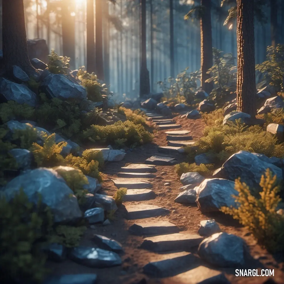 PANTONE 7454 color. Path in the woods with rocks and trees on either side of it and the sun shining through the trees