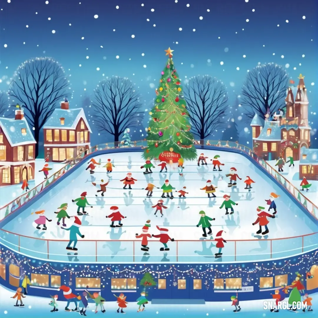 Christmas scene with a skating rink and a christmas tree in the center of the rink with people skating around. Color CMYK 90,66,0,0.