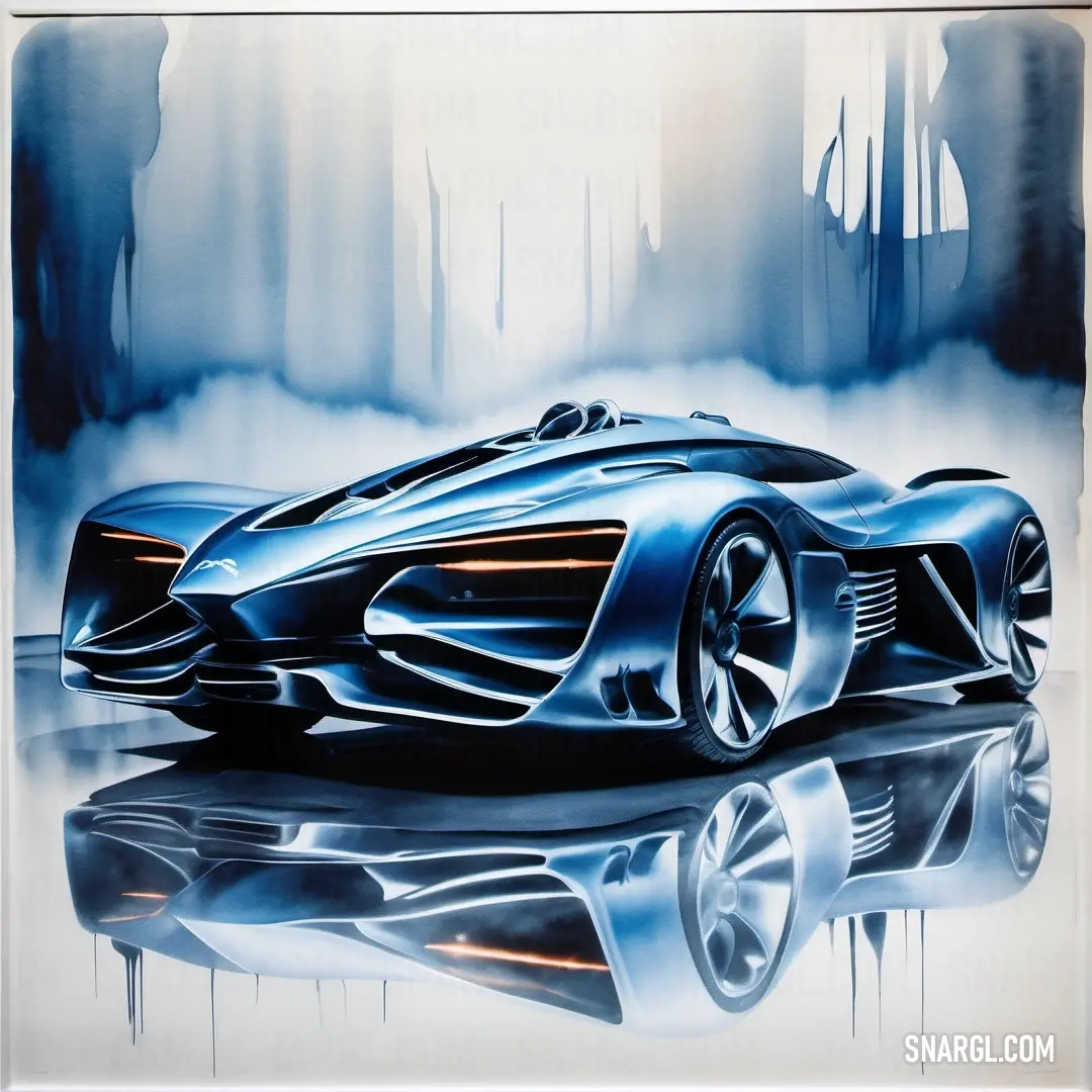 PANTONE 7455 color example: Painting of a futuristic car in a foggy forest area with a reflection of the car in the water