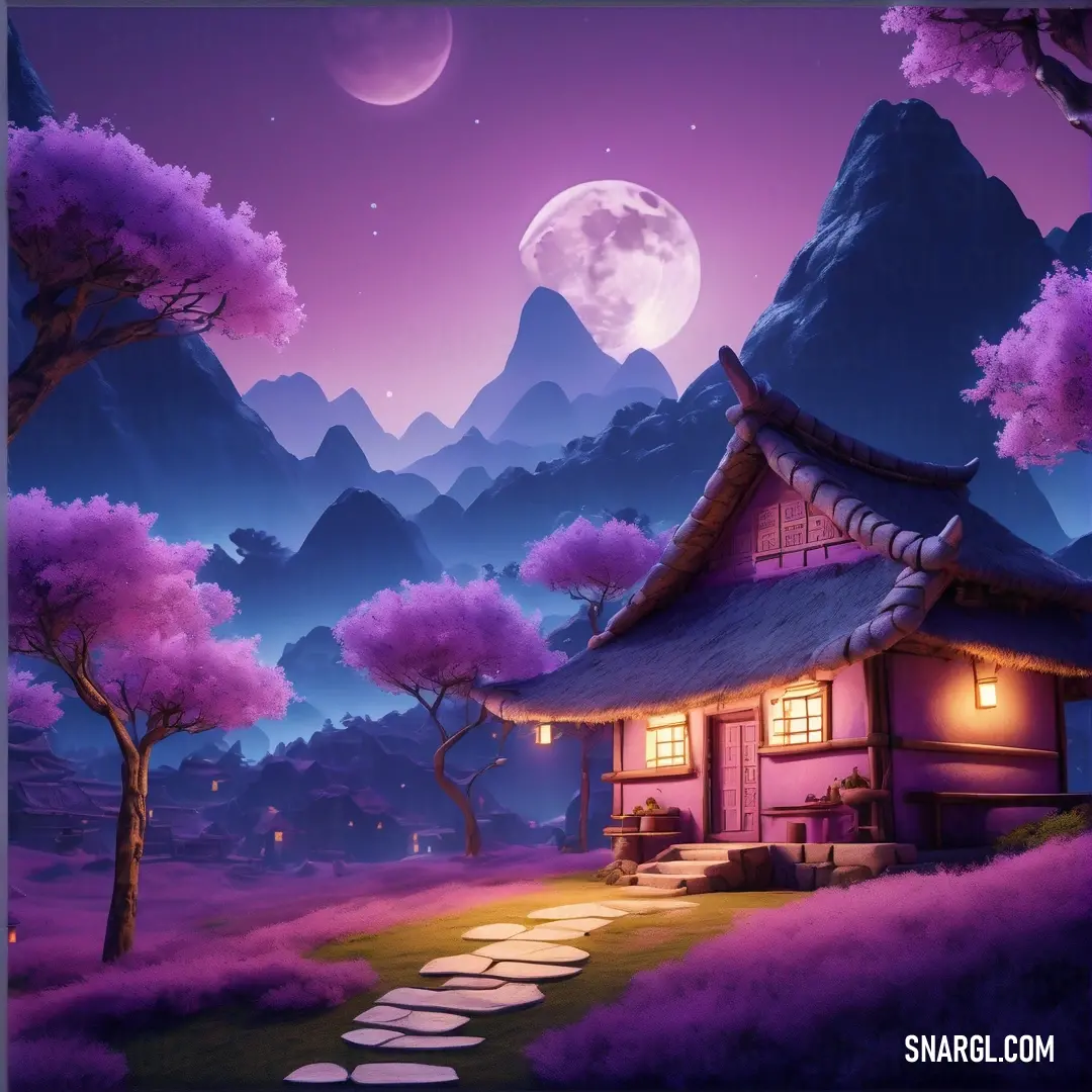 Painting of a house in the middle of a forest with a full moon in the background. Color PANTONE 7455.