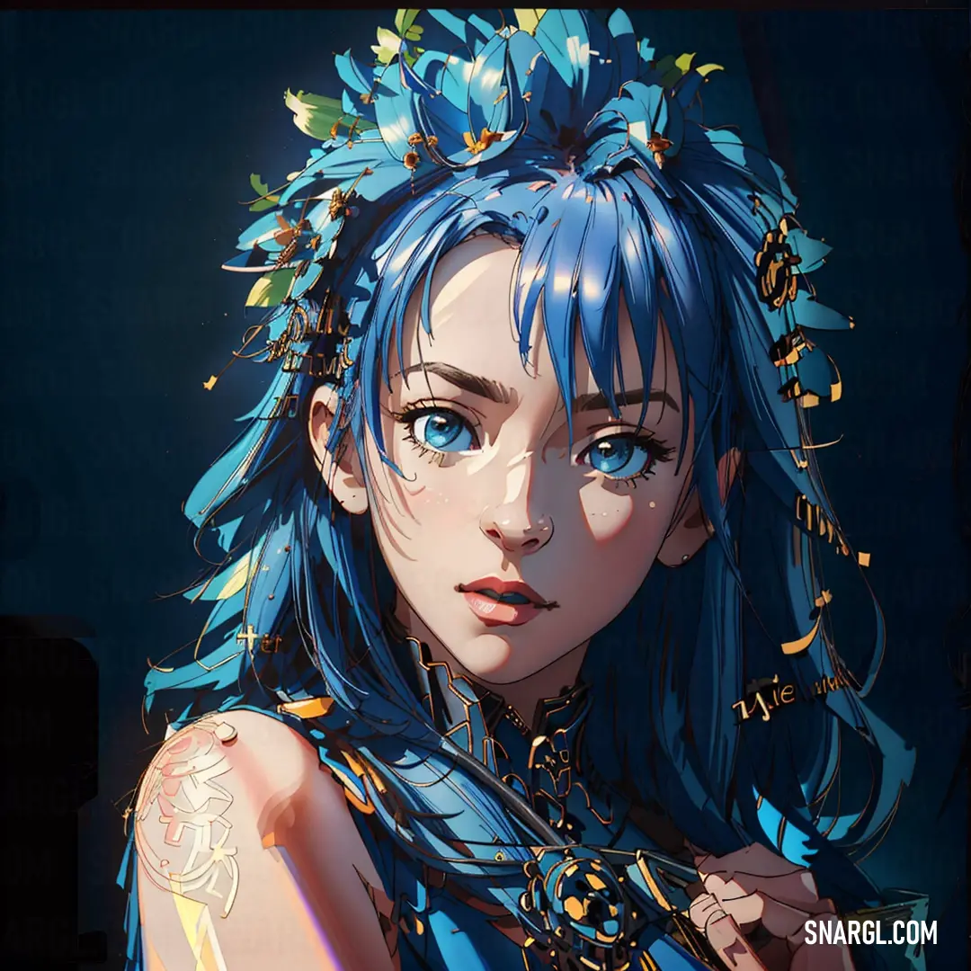 Woman with blue hair and a blue dress with flowers on her head and a blue background. Color RGB 73,103,171.