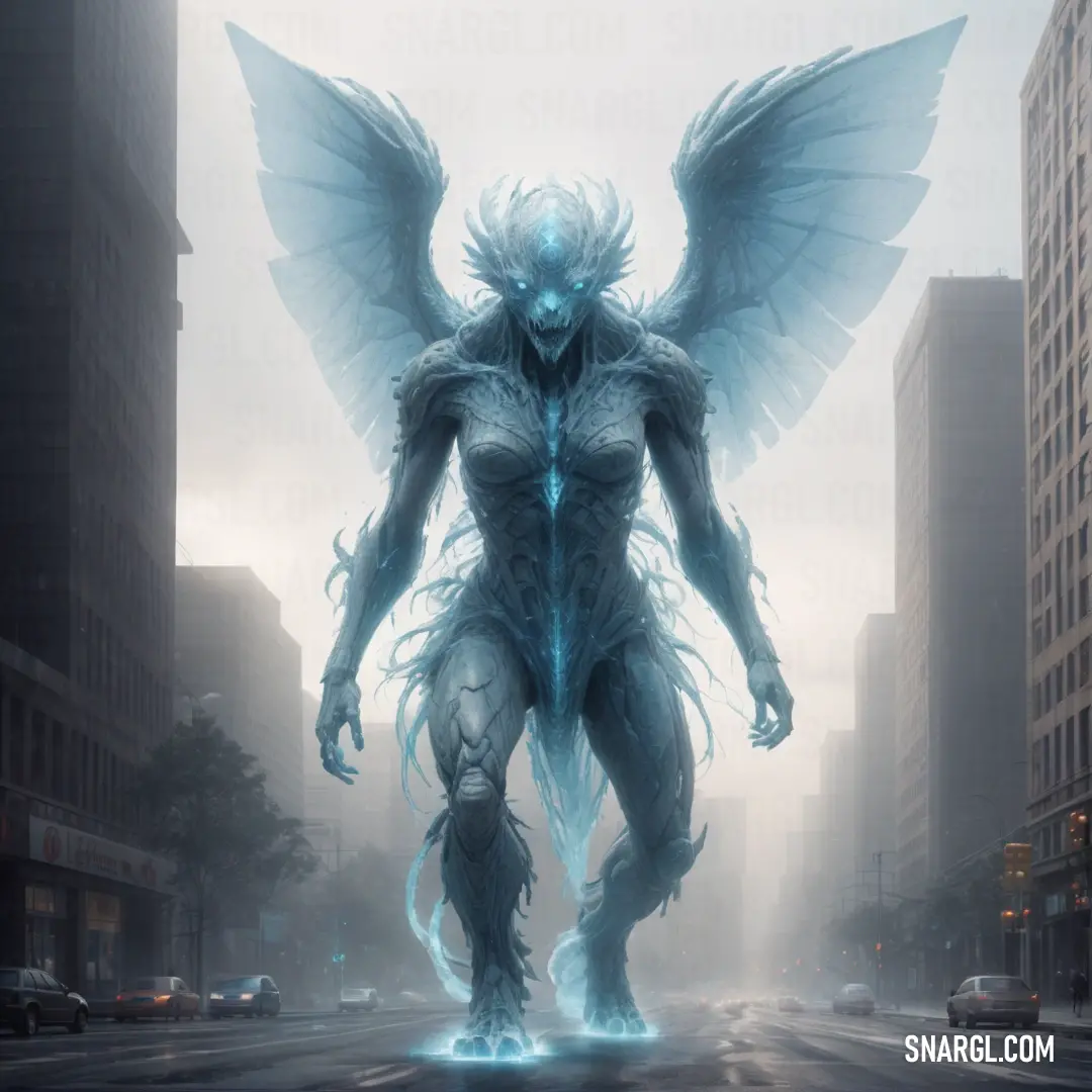 Man with wings standing in the middle of a street with a demon on it's back and a demon on his arm. Color RGB 119,182,201.