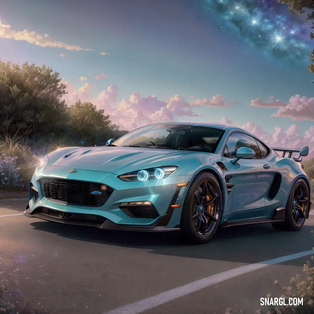 Blue sports car driving down a road under a cloudy sky with stars and clouds above it. Color PANTONE 7459.