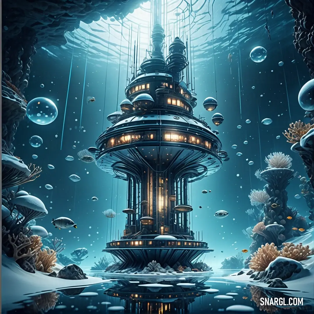Futuristic underwater city surrounded by bubbles and bubbles of water. Color PANTONE 7459.