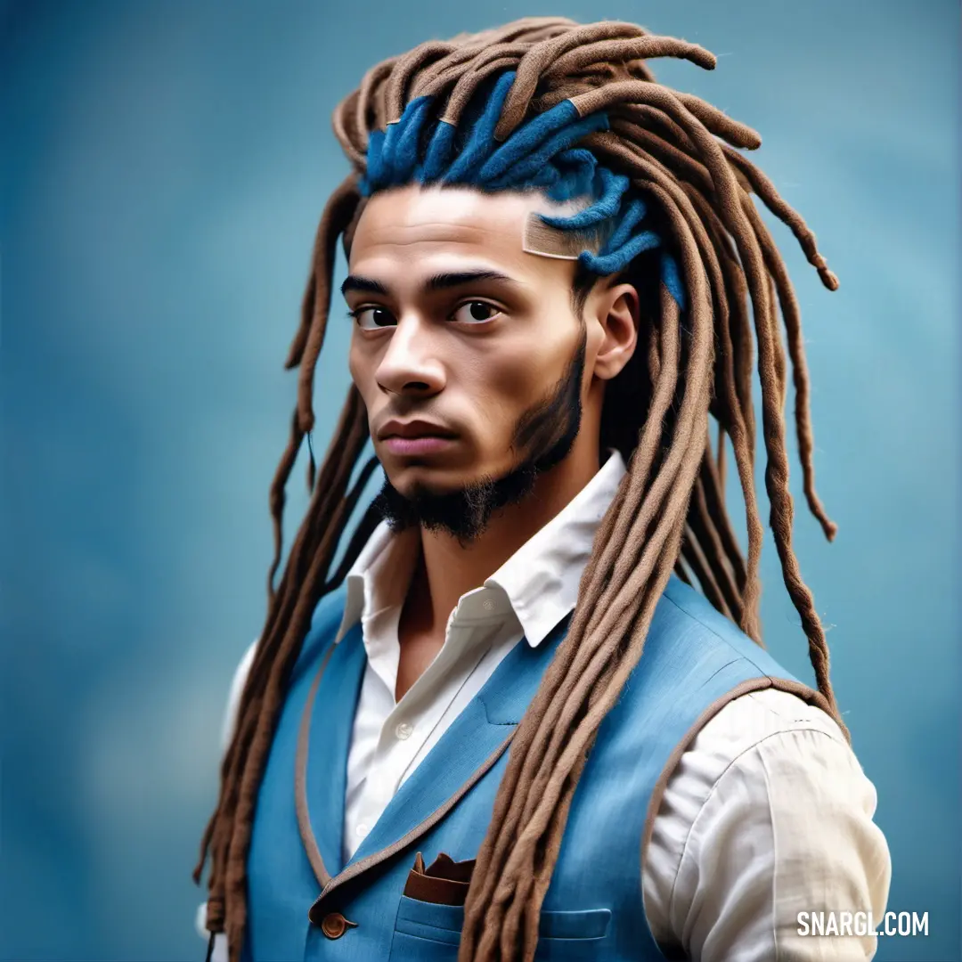 Man with dreadlocks and a blue vest is shown in a digital painting style photo with a blue background. Color RGB 73,159,188.