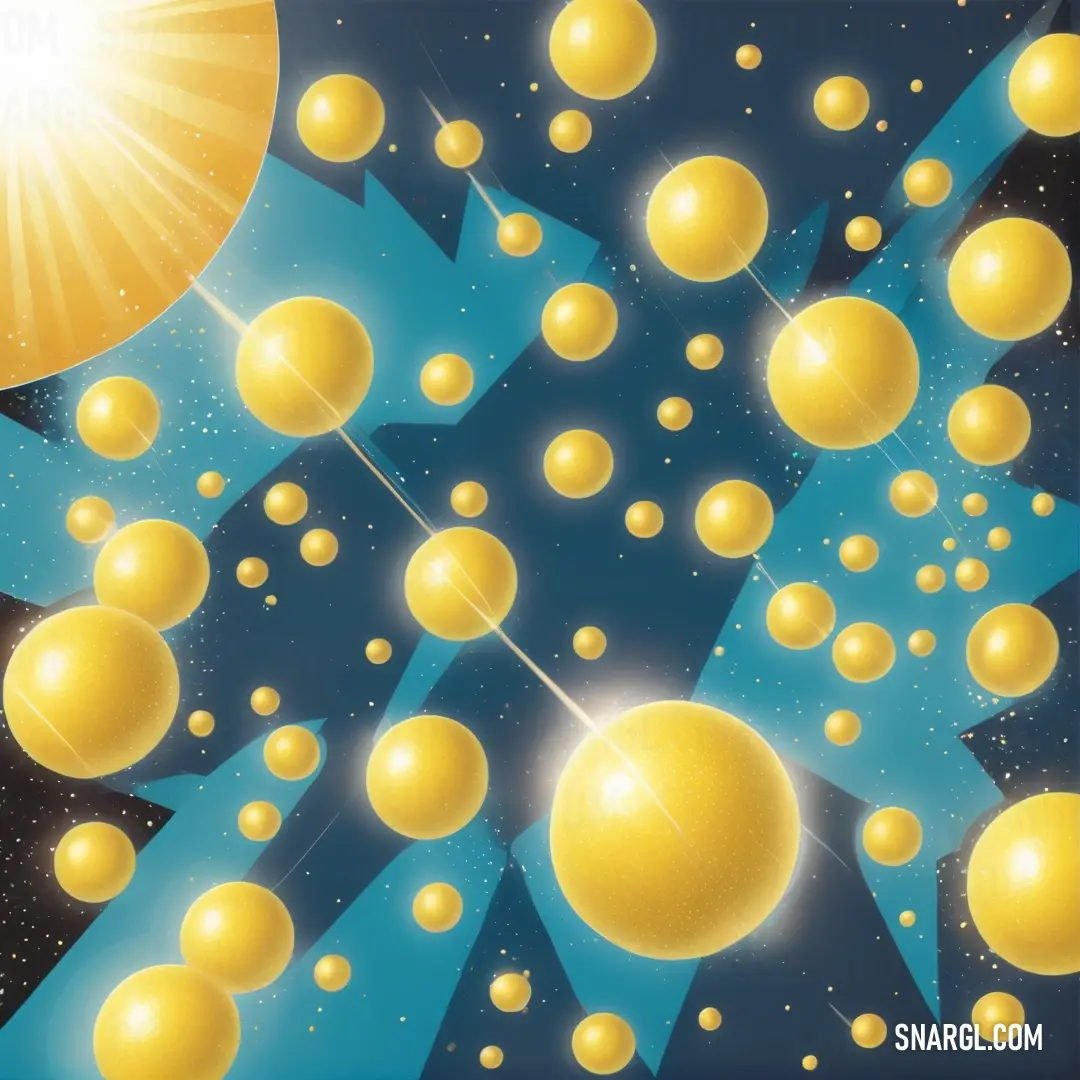Painting of a sun and some balls in the sky with a blue background and a yellow star in the middle. Color #499FBC.