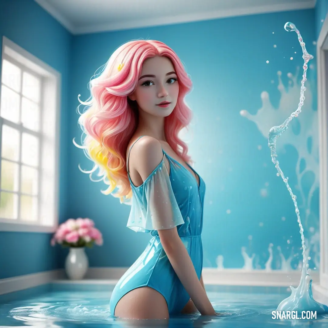 Woman with pink hair in a blue room with a splash of water on her face and body. Example of RGB 73,159,188 color.