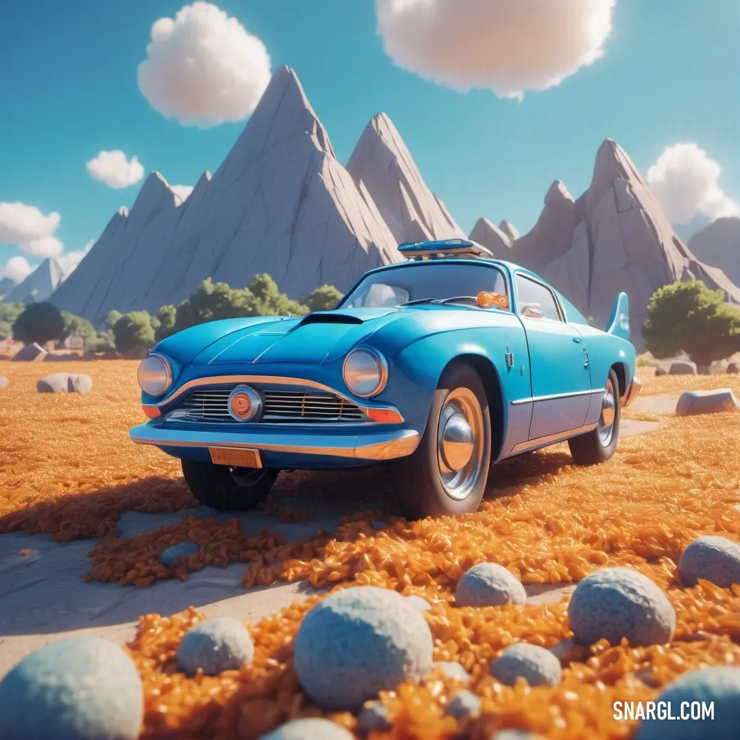 PANTONE 7460 color example: Blue car is parked in a field with rocks and grass in front of a mountain range with a blue sky and clouds