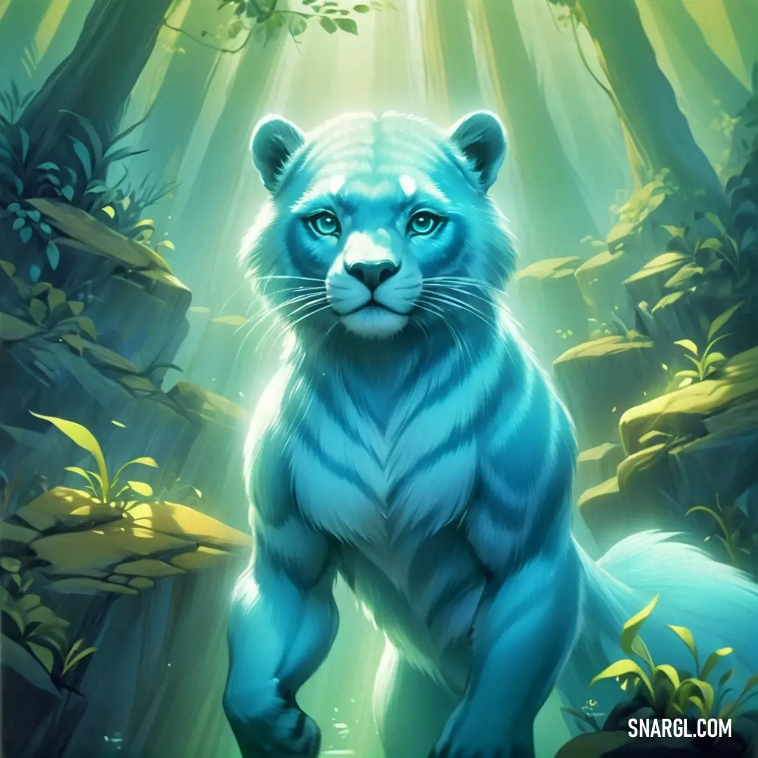 Blue tiger standing in a forest with sunlight streaming through the trees