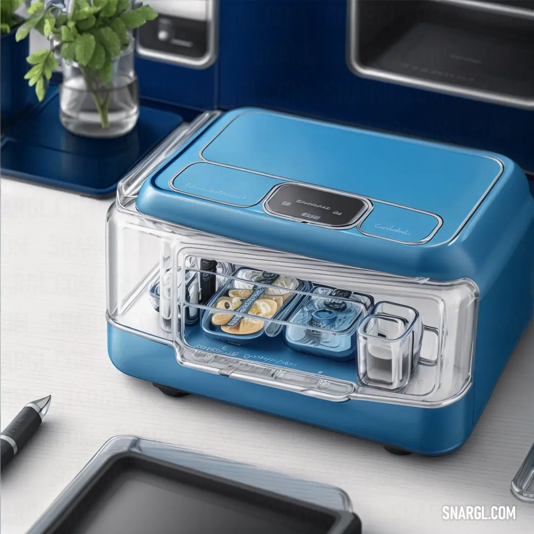 Blue toaster with a tray of food inside of it on a table next to a phone and a plant. Example of #0092C9 color.