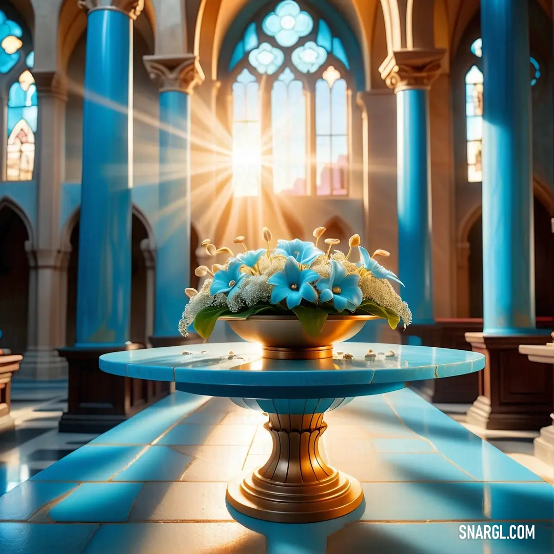 Vase with flowers on a table in a church with sunlight streaming through the windows and a blue floor. Color CMYK 100,6,2,10.
