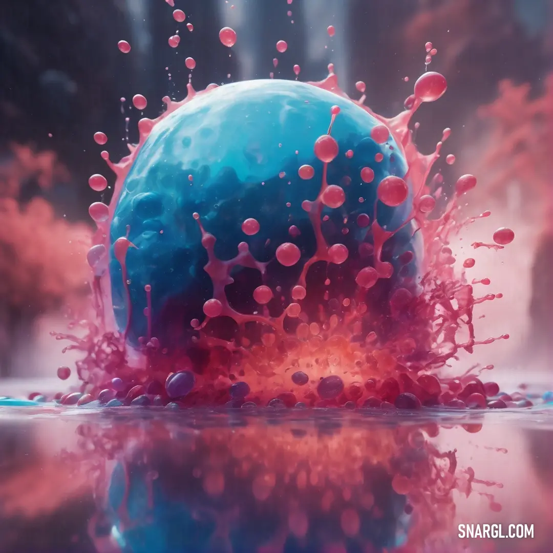 Blue ball with red bubbles floating in water with a reflection of it on the surface of the water. Example of RGB 0,137,199 color.