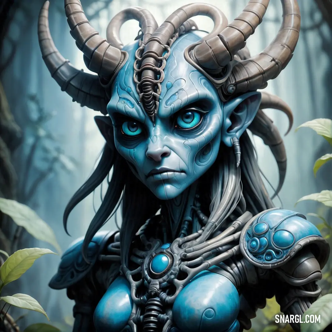 PANTONE 7461 color. Blue demon with horns and horns on her head in the woods with leaves and trees around her head