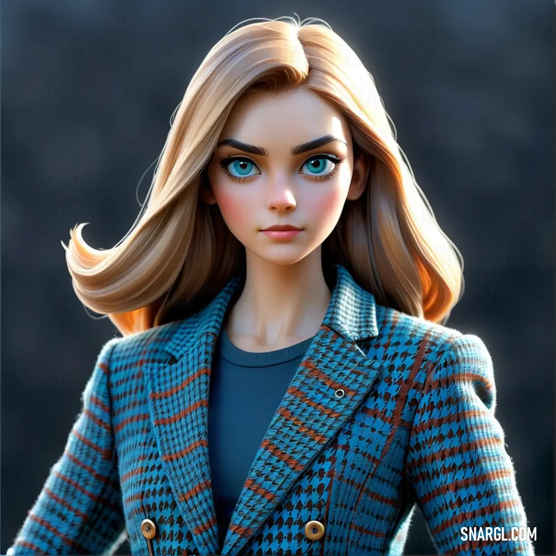 Cartoon girl with blonde hair and blue eyes wearing a blue jacket and a blue shirt and jeans and a blue shirt. Color #0089C7.