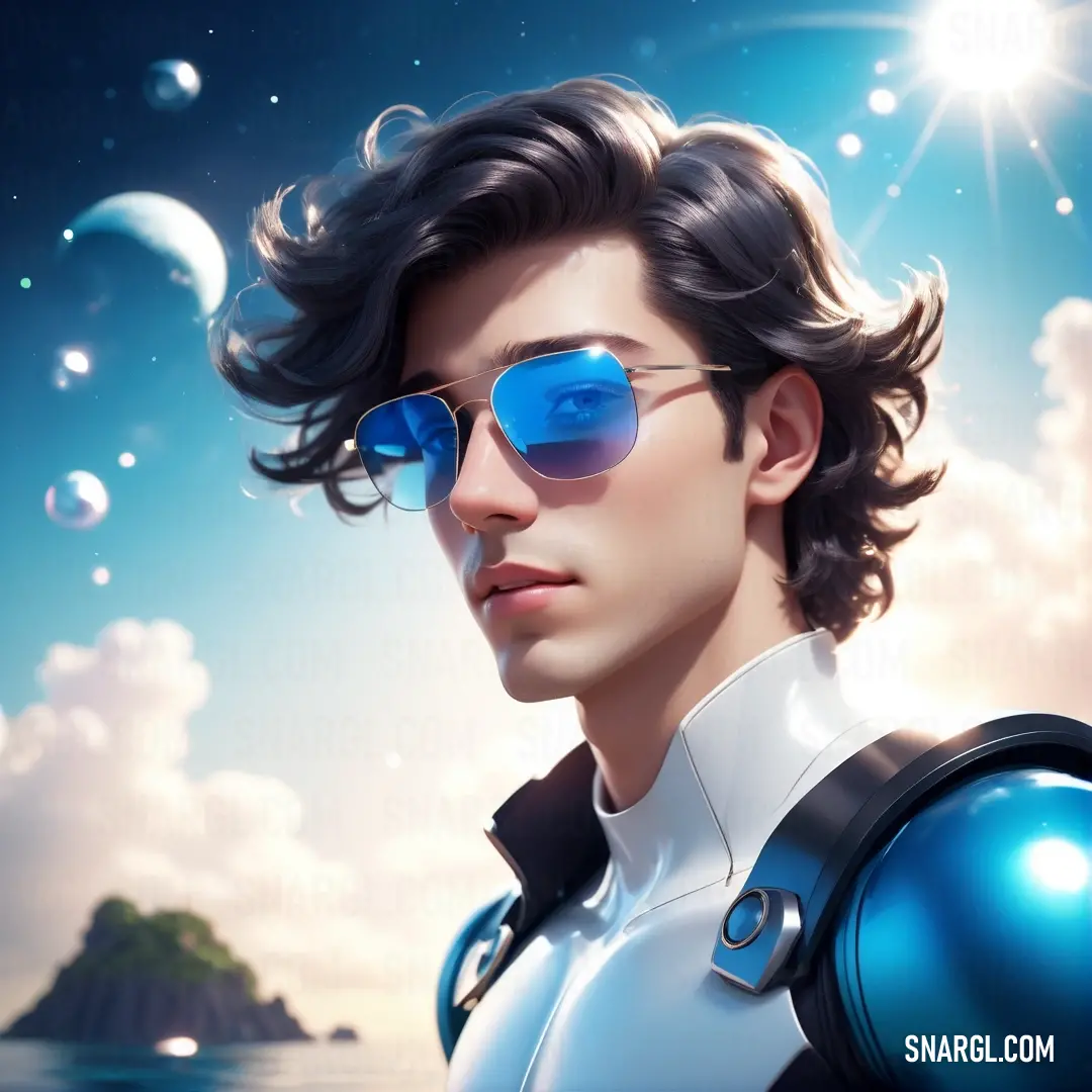 PANTONE 7461 color. Man with sunglasses and a suit on standing in front of a sky with stars and planets in the background
