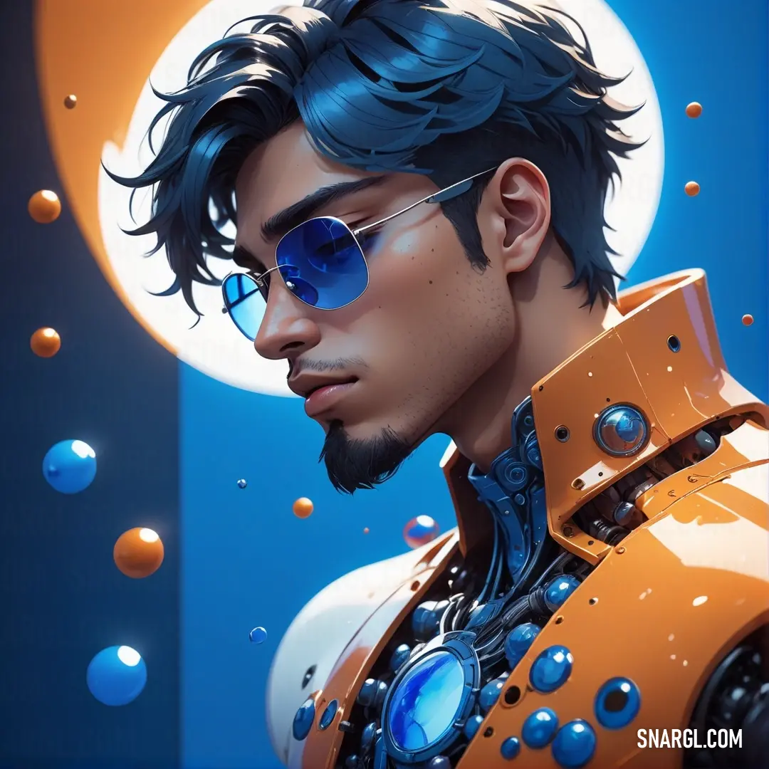 Man with sunglasses and a robot suit on, with bubbles around him and a full moon in the background. Color #0089C7.