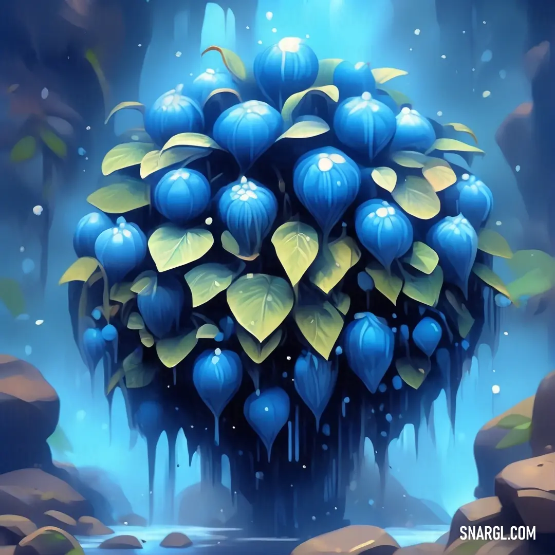 Painting of a blue plant with leaves on it's head and water flowing down the side of it. Example of RGB 0,137,199 color.