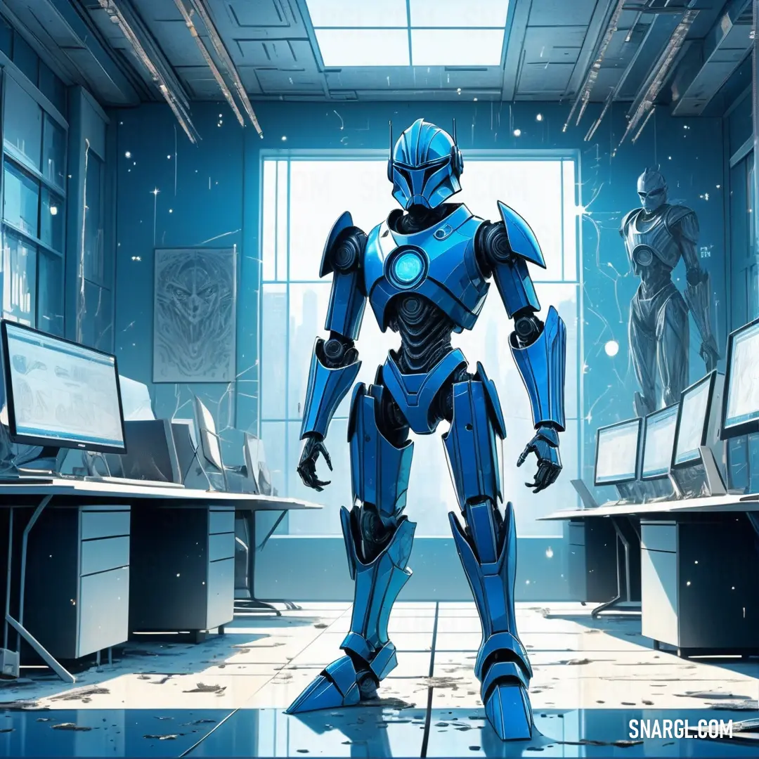 Robot standing in a room with a lot of desks and monitors on it's walls and a window. Color PANTONE 7461.