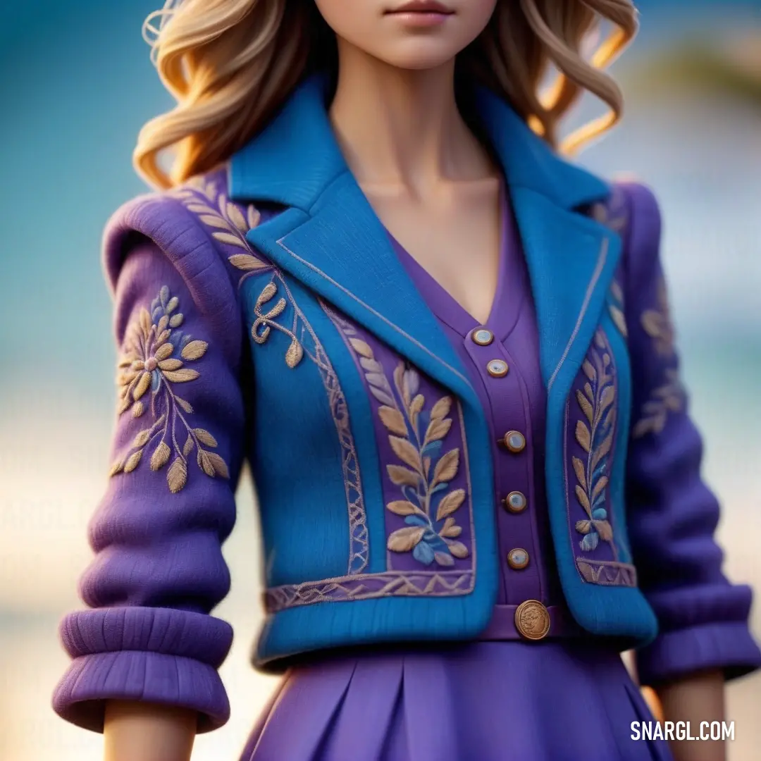 Barbie doll wearing a purple dress and blue jacket with gold trims and a hat on her head. Color PANTONE 7525.