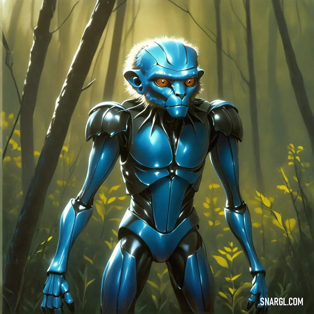 Blue alien standing in a forest with yellow flowers in the background and a forest of trees behind it. Color #005F90.