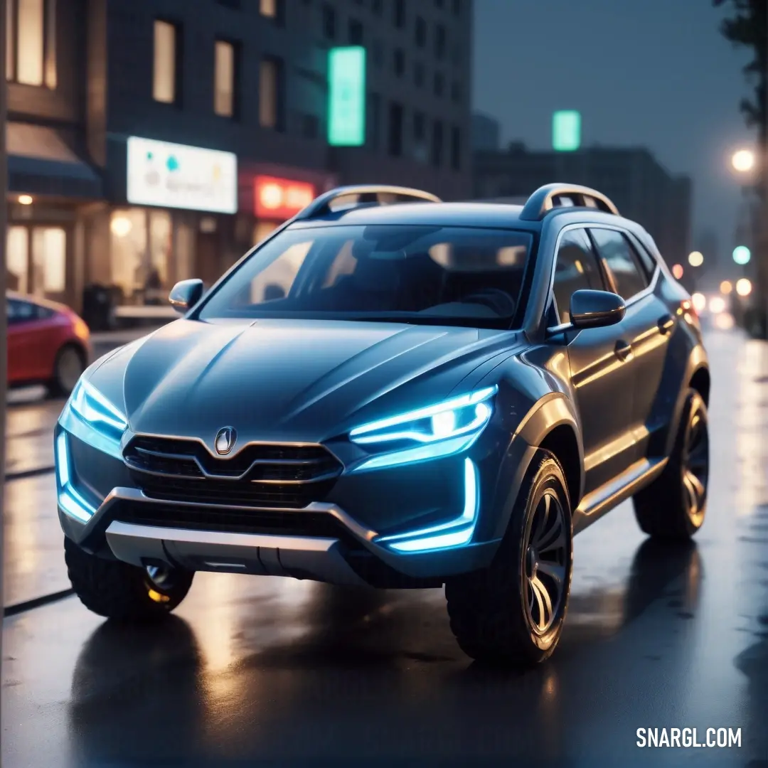 Blue suv driving down a city street at night with lights on it's headlights
