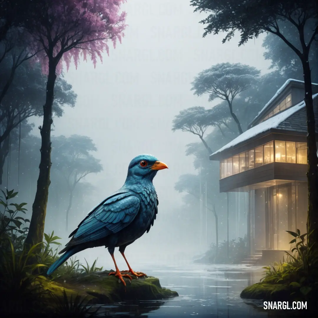 Bird is standing on a rock in the middle of a forest with a house in the background. Color #1C3A56.
